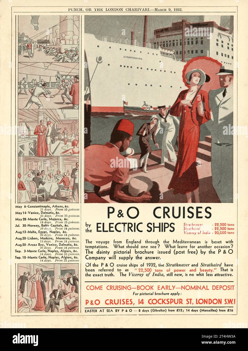 CROISIÈRES P & O par les NAVIRES ÉLECTRIQUES Strathnaver, Strathaird et Viceroy of India 1932 British Magazine Advertisement Banque D'Images