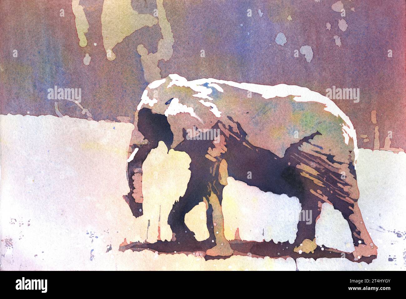 Peinture aquarelle colorée éléphant, art mural tendance article fait à la main décoration de chambre d'enfants art coloré giclée (imprimer) Banque D'Images