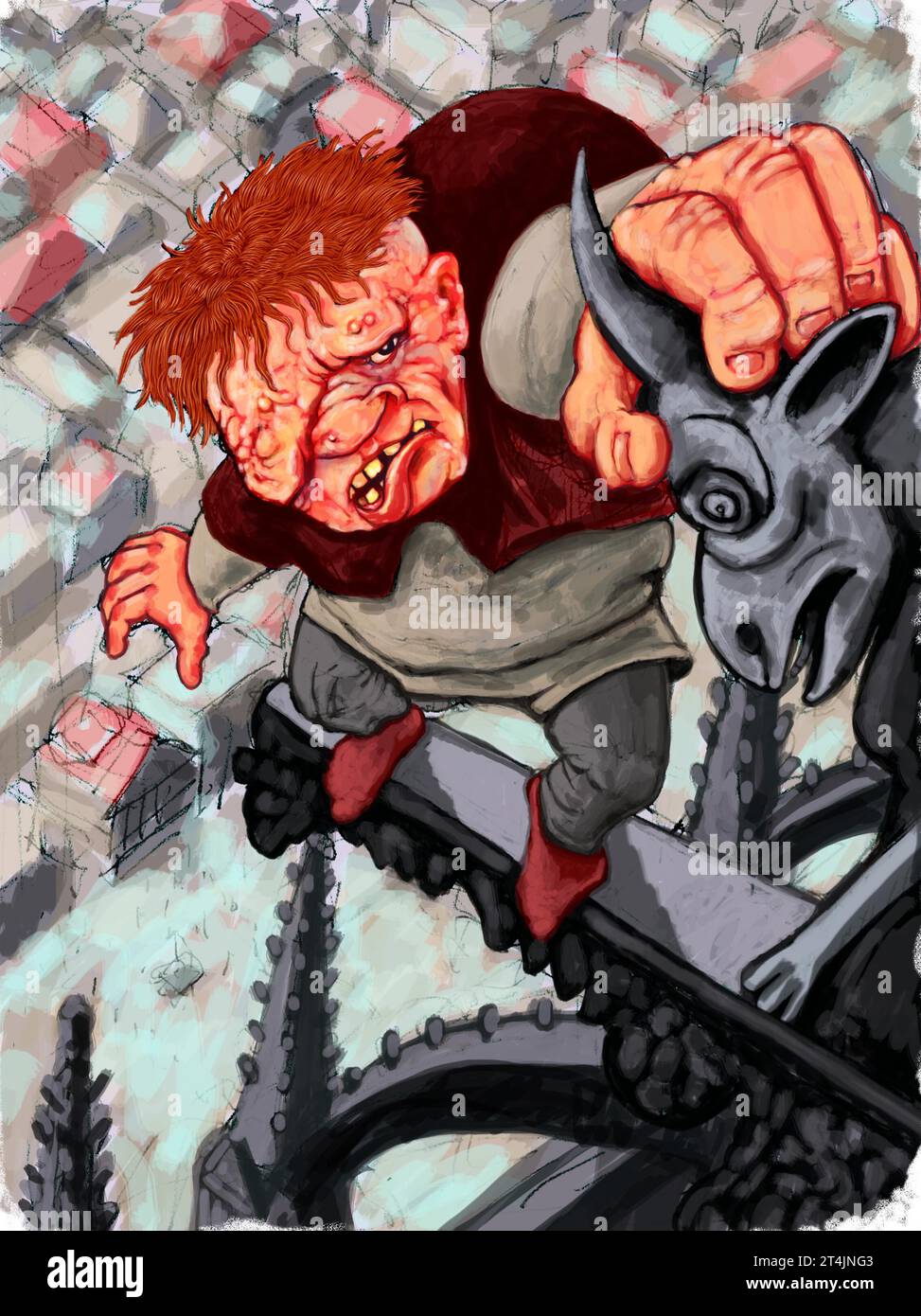 Livre art, illustration pour le Hunchback de notre-Dame (notre-Dame de Paris) de Victor Hugo avec le sonneur Quasimodo au sommet de la cathédrale de Paris Banque D'Images