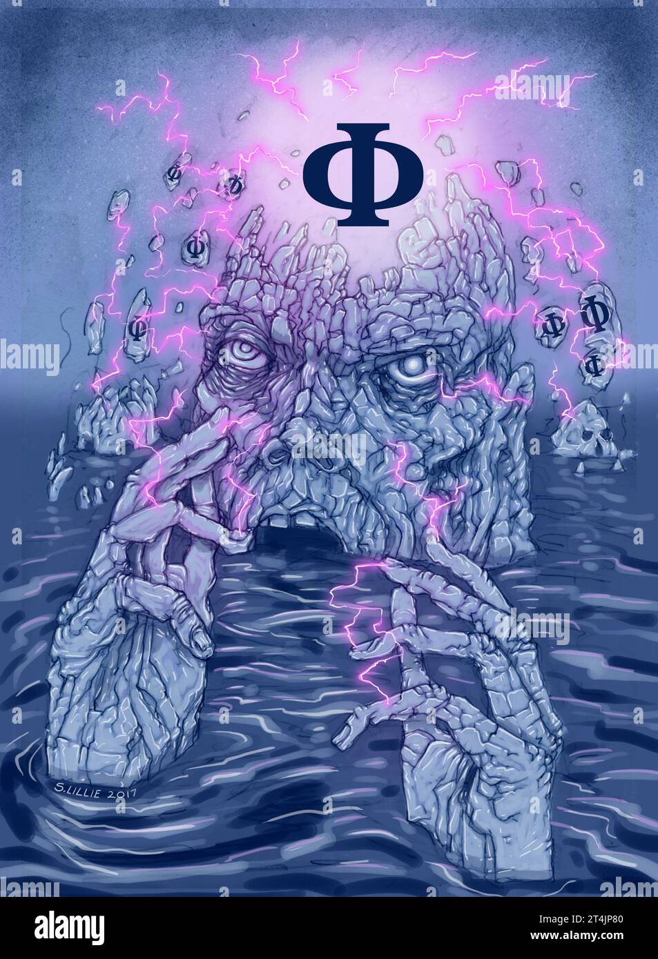 Art conceptuel illustrant la théorie de l'information intégrée de la conscience, (IIT) esprit conscient émergeant d'une mer d'information représentée par Φ (phi) Banque D'Images