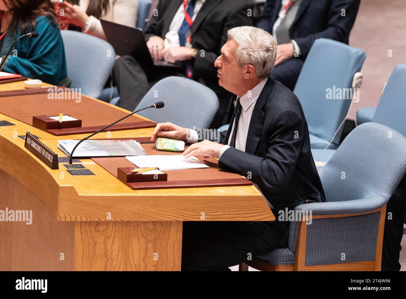 Filippo grandi, Haut Commissaire des Nations Unies pour les réfugiés, prend la parole lors de la réunion du Conseil de sécurité au Siège de l'ONU à New York le 31 octobre 2023 Banque D'Images