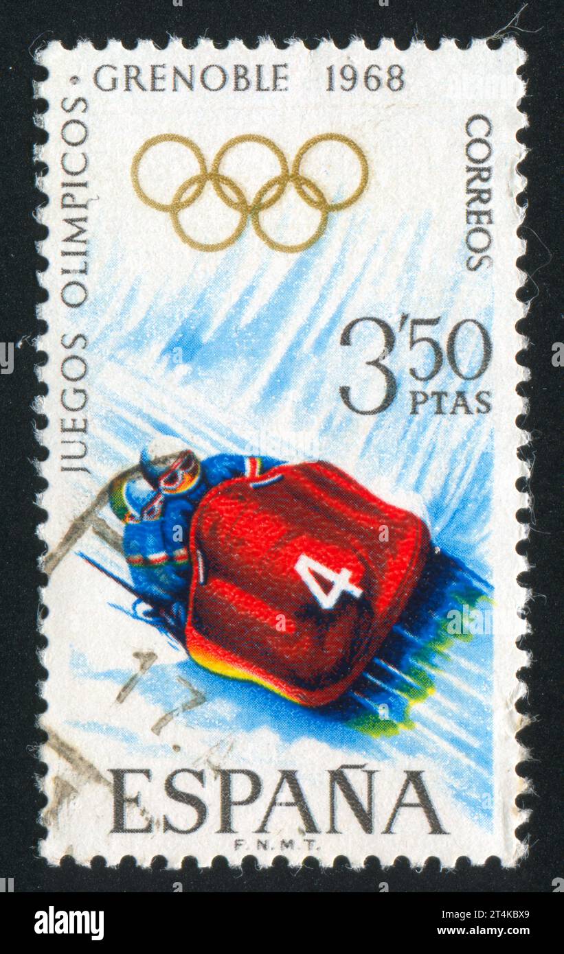 ESPAGNE - CIRCA 1968 : timbre imprimé par l'Espagne, montre Bobsleighing, circa 1968 Banque D'Images