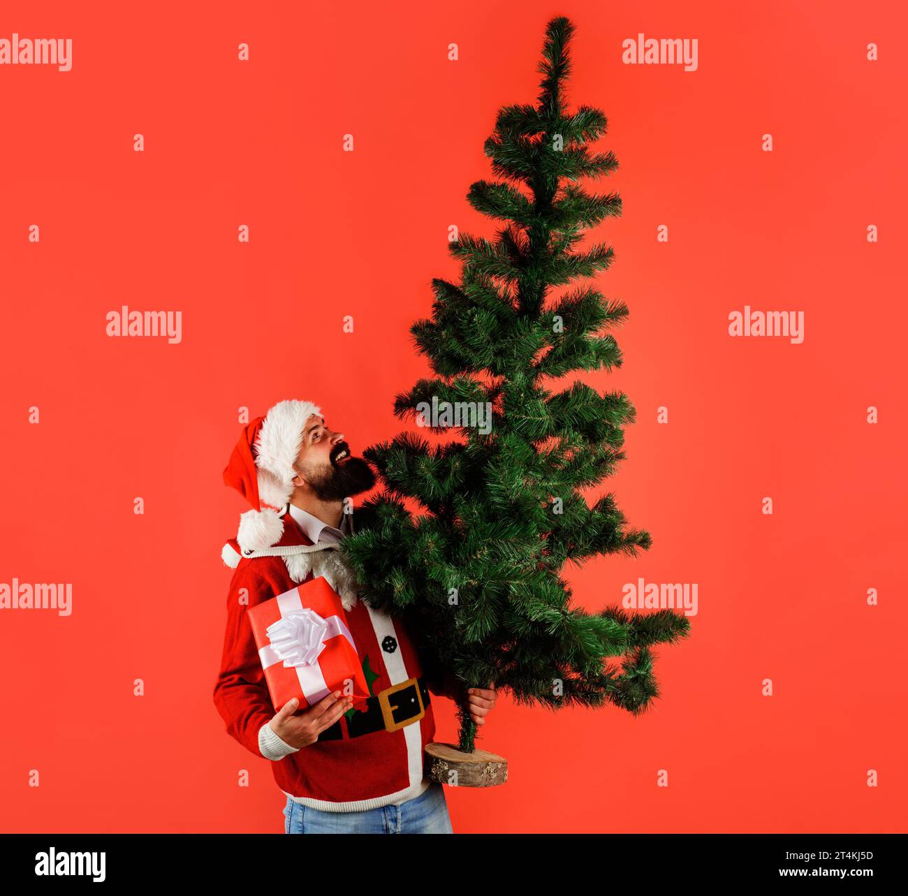 Homme d'affaires barbu dans le chapeau de Santa avec arbre de Noël et boîte-cadeau. Livreur en costume de Père Noël avec sapin et cadeau de Noël. Préparation pour Banque D'Images