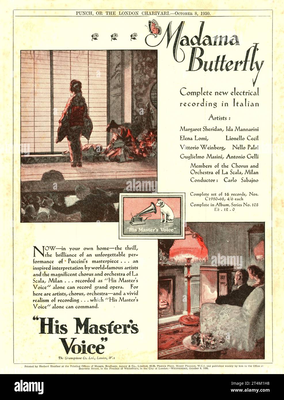 MADAME / MADAMA BUTTERFLY Complete New 16 Record Set d'enregistrement électrique en italien avec chœur de chanteurs et orchestre de la Scala, Milan chef Carlo Sabajno 1930 British Magazine Publicité pour SA VOIX DE MAÎTRE (HMV) Banque D'Images