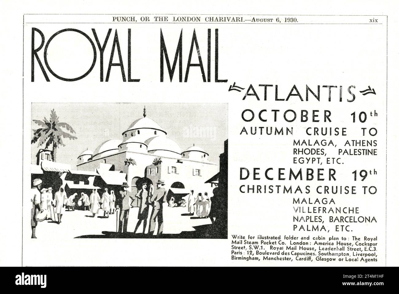 ROYAL MAIL ''ATLANTIS'' croisière d'automne et de Noël 1930 British Magazine Publicité pour la Royal Mail Steam Packet Co. Londres Banque D'Images