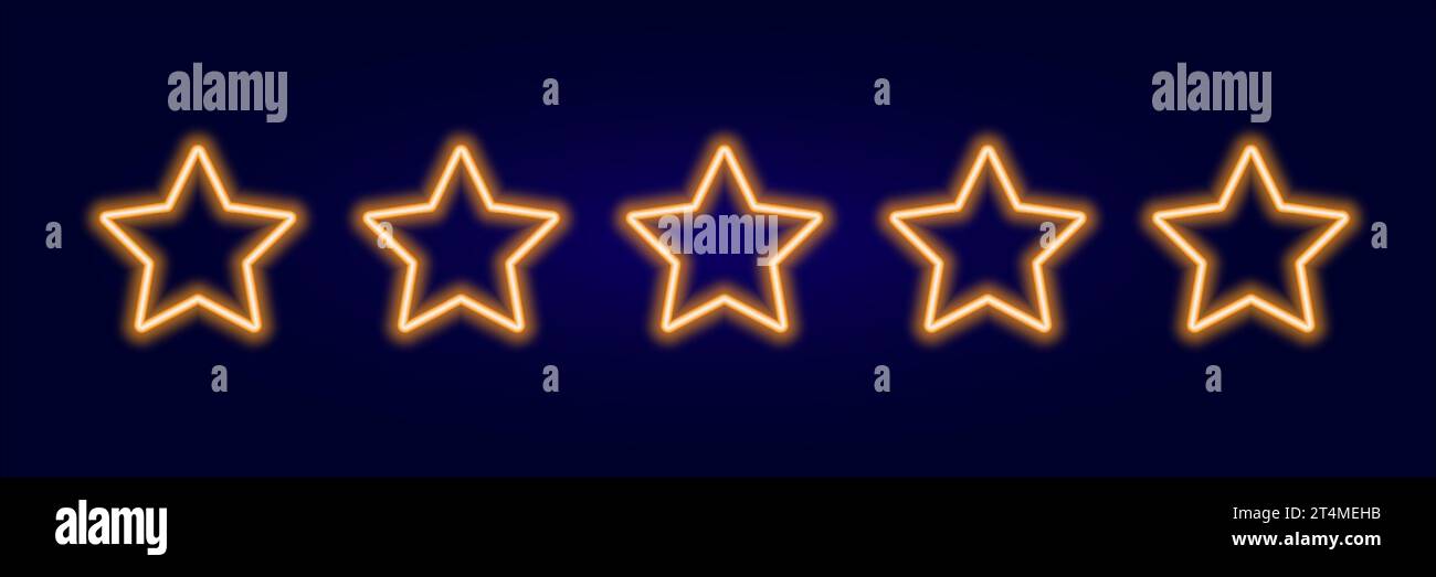 5 étoiles note jaune néon lueur sur vecteur de fond sombre. Taux de classement lumineux avec éclairage LED laser pour la conception Illustration de Vecteur