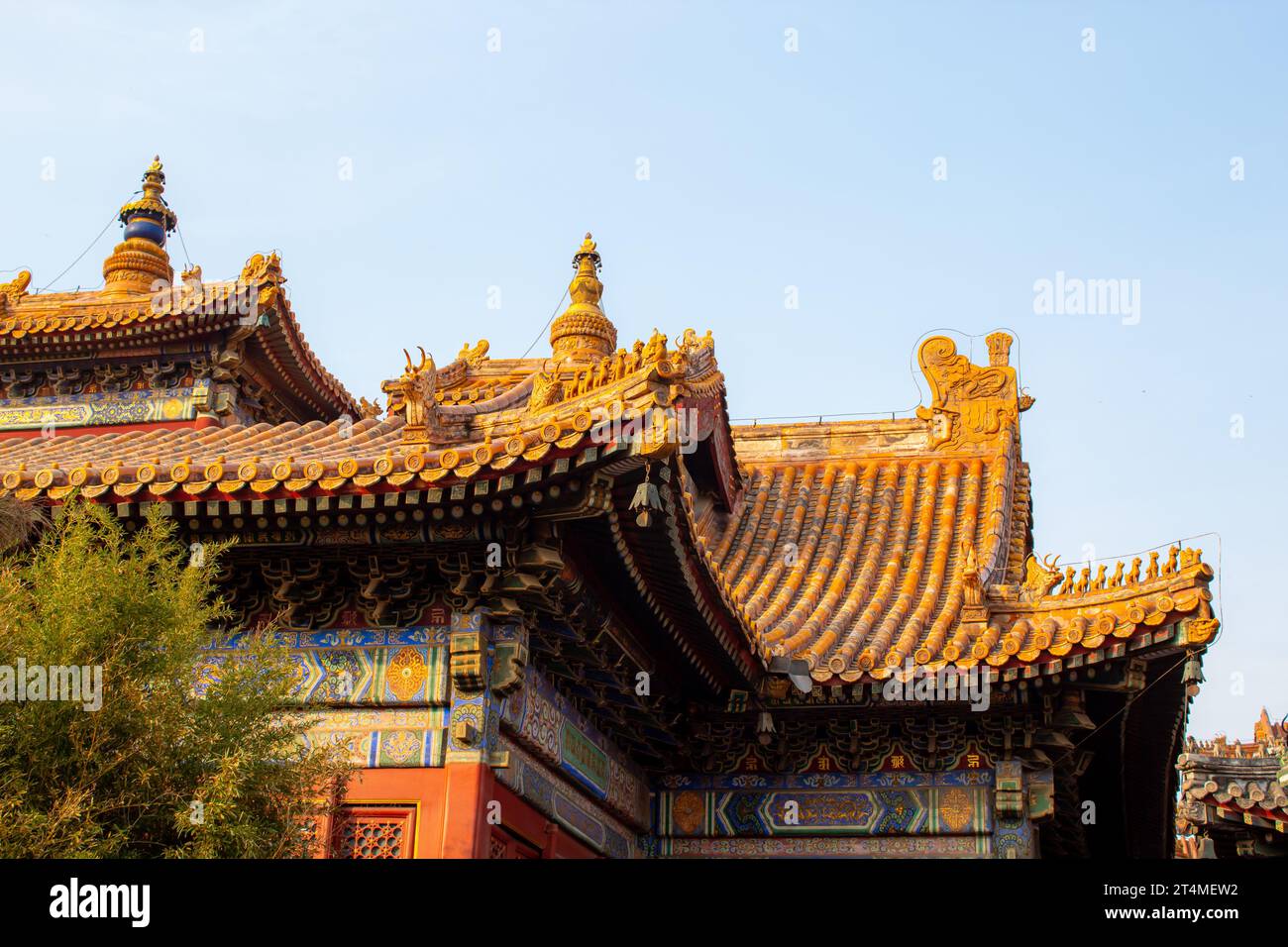 Gros plan sur les détails du toit de Yonghegong Lamasery, Yonghe Lamasery est le plus grand temple bouddhiste tibétain lama à Pékin, il a été construit en 1694. Banque D'Images
