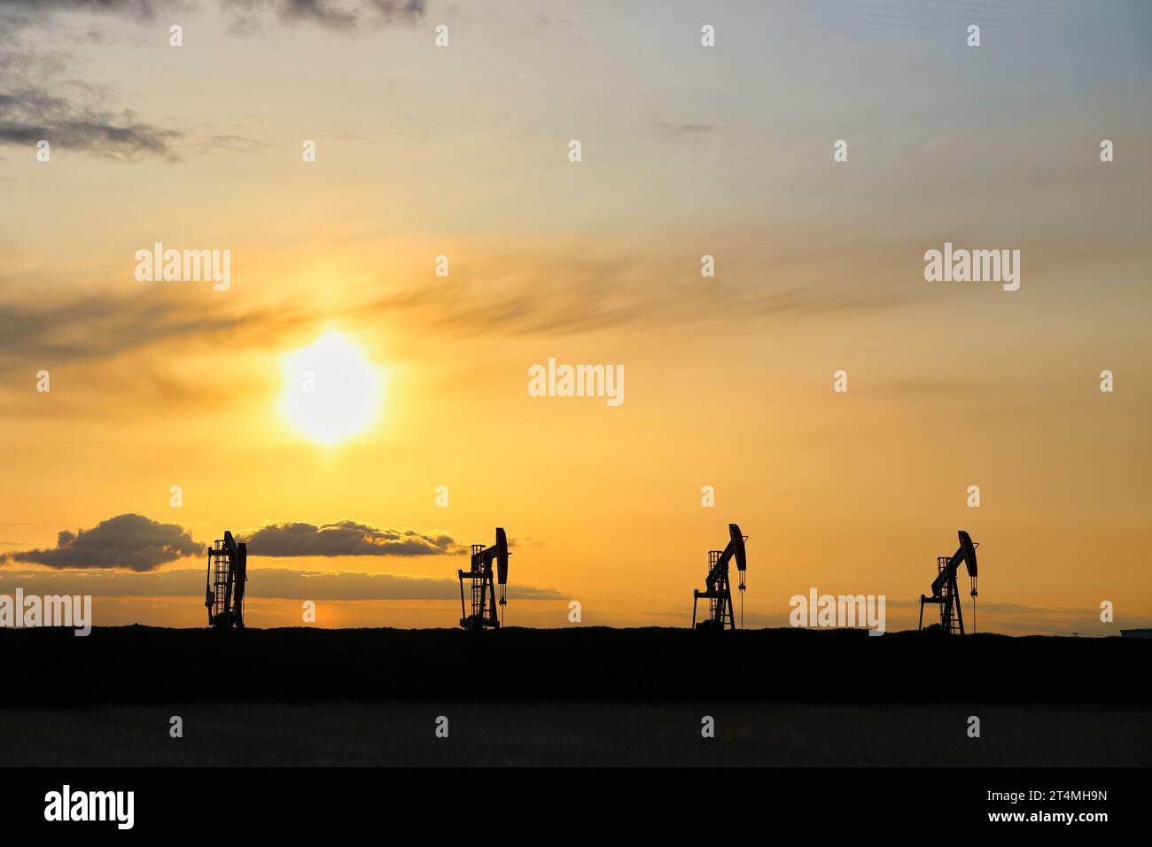 Une sihouette de pompes à huile sous un ciel de coucher de soleil dans un paysage albertain en soirée Banque D'Images