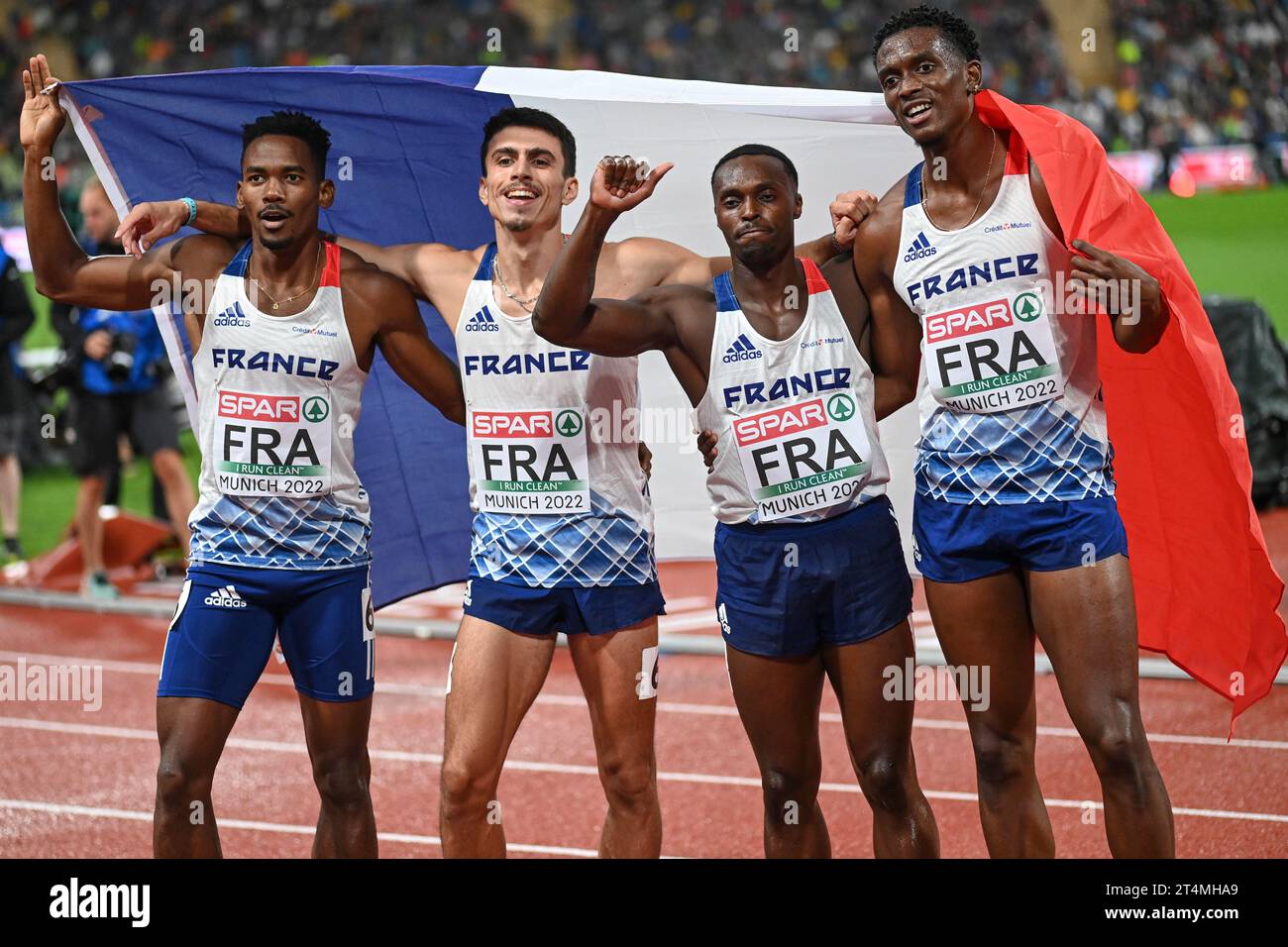 Gilles Biron, Loic Prevot, Teo Andant, Thomas Jordier (France). 4x400 Relay Bronze Medal. Championnats d'Europe Munich 2022 Banque D'Images