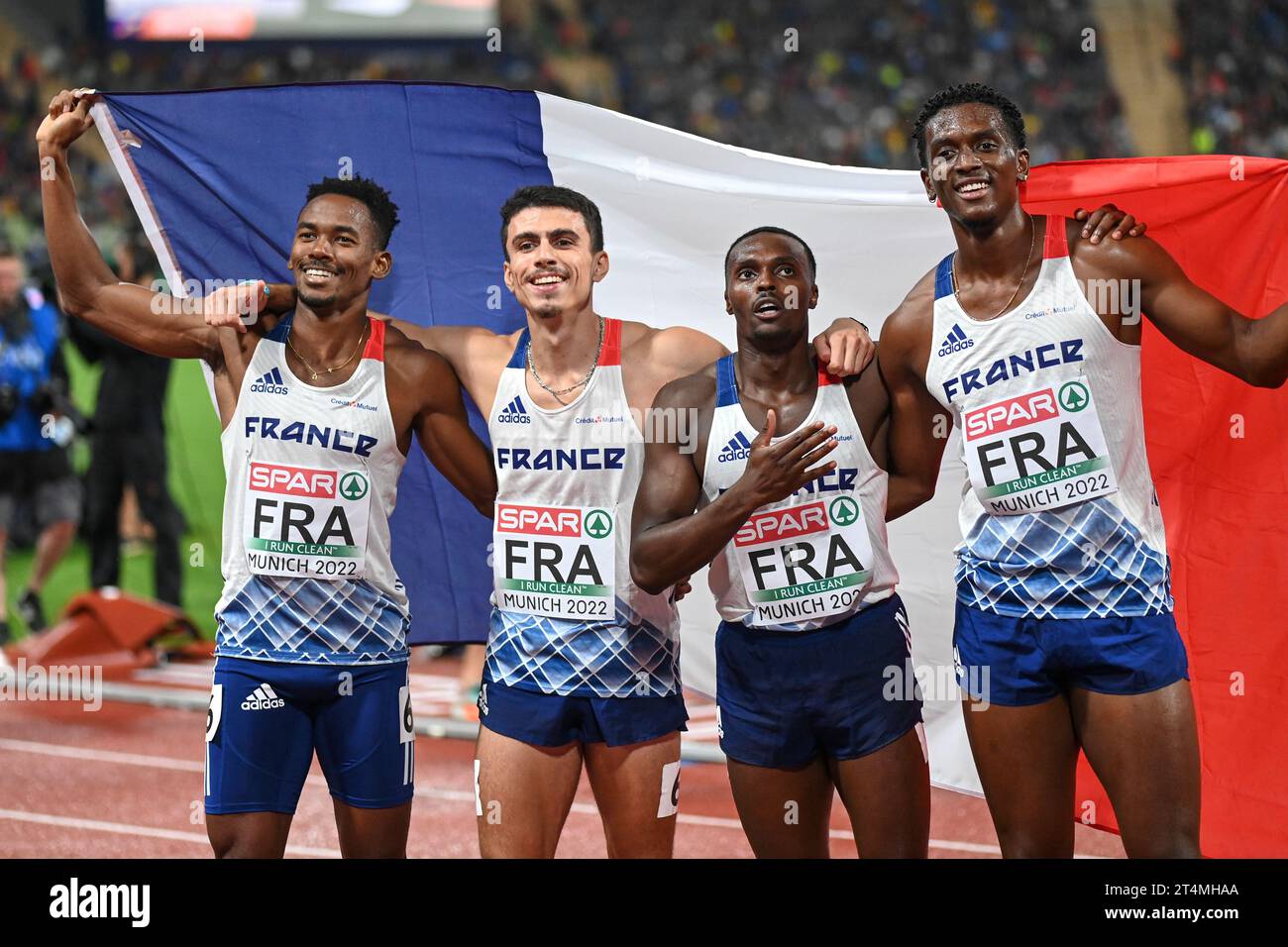 Gilles Biron, Loic Prevot, Teo Andant, Thomas Jordier (France). 4x400 Relay Bronze Medal. Championnats d'Europe Munich 2022 Banque D'Images