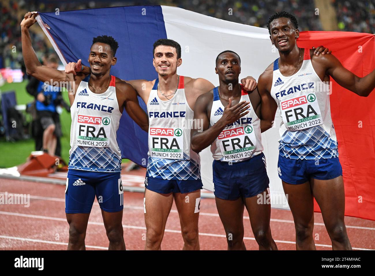 Gilles Biron, Loic Prevot, Teo Andant, Thomas Jordier (France). 4x400 Relay Bronze Medal. Championnats d'Europe Munich 2022 Banque D'Images