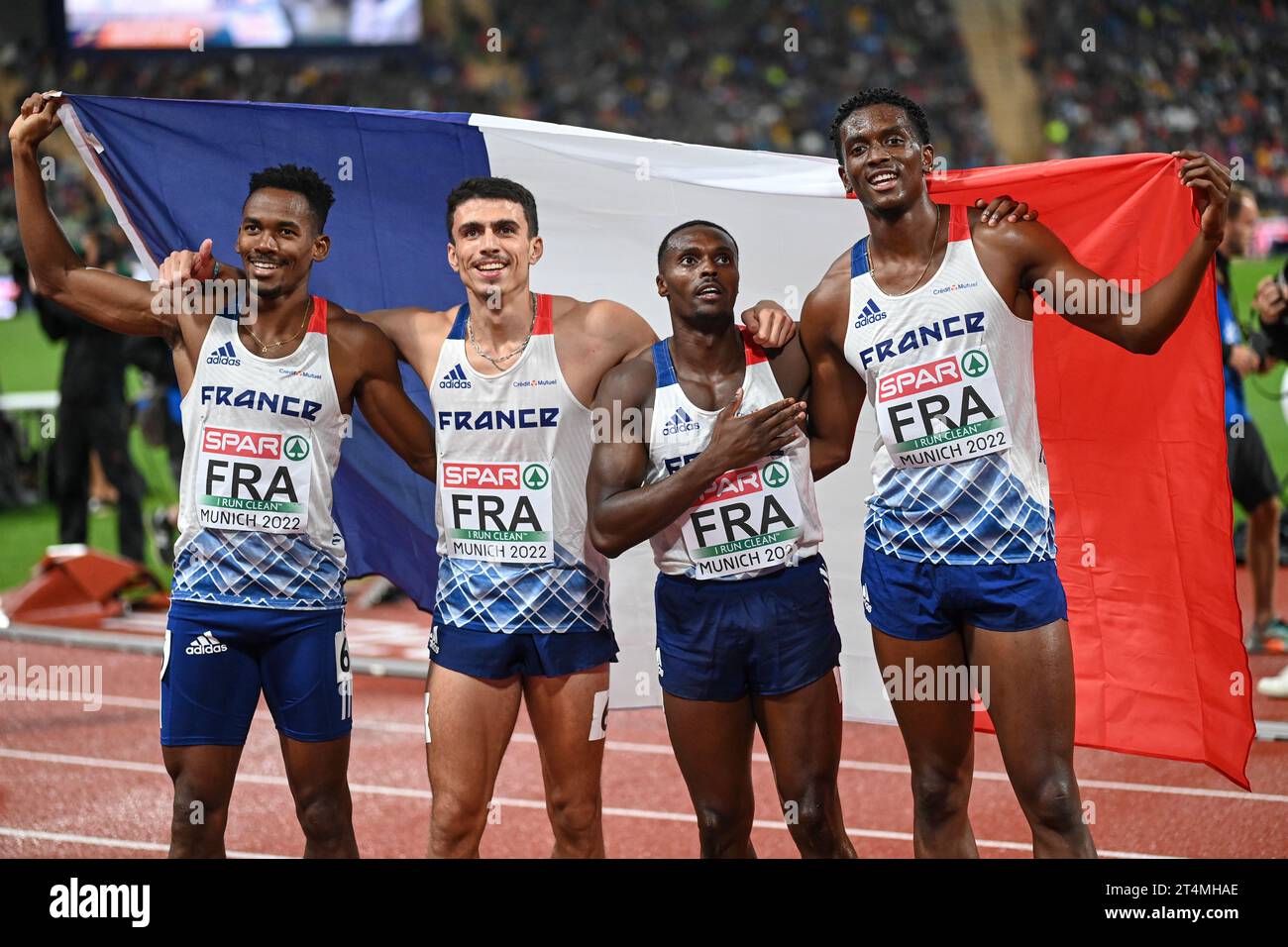 Gilles Biron, Loic Prevot, Teo Andant, Thomas Jordier (France). 4x400 Relay Bronze Medal. Championnats d'Europe Munich 2022 Banque D'Images