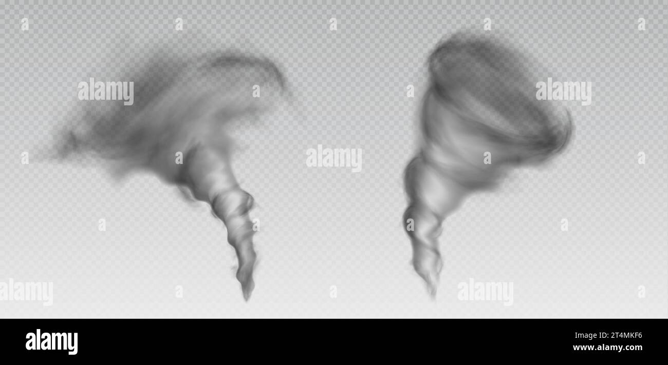 tornade 3d et vortex de tempête vectoriel isolé d'ouragan. Icône d'effet nuage tourbillonnaire réaliste. Entonnoir d'air transparent tourbillon. Tempête de vent de catastrophe spirale. Collection de typhon différente Illustration de Vecteur