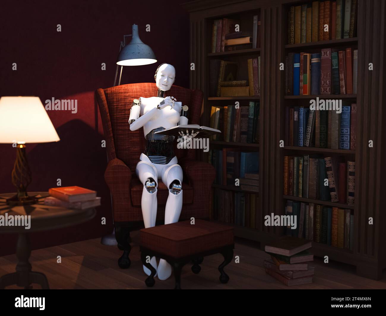 Rendu 3D d'un robot féminin assis dans un fauteuil dans une pièce confortable, tenant un livre dans sa main qu'elle lit. Lecture de livres futuristes, temps de conte Banque D'Images