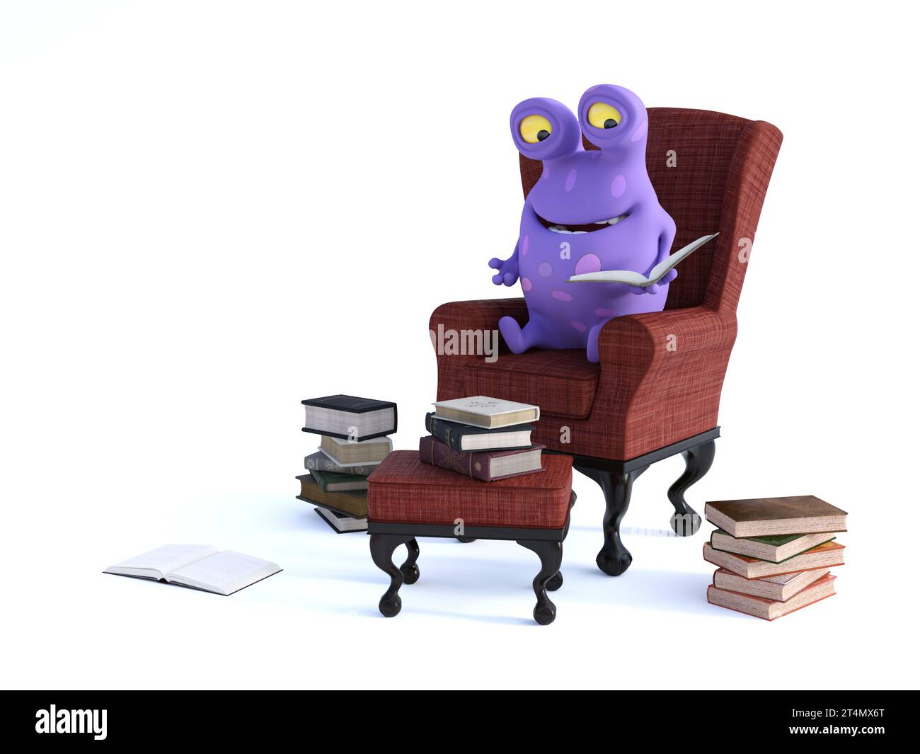 Un mignon monstre de dessin animé violet charmant assis dans un fauteuil tenant un livre dans sa main, prêt pour la lecture et l'heure de l'histoire. Piles de livres sur le floo Banque D'Images
