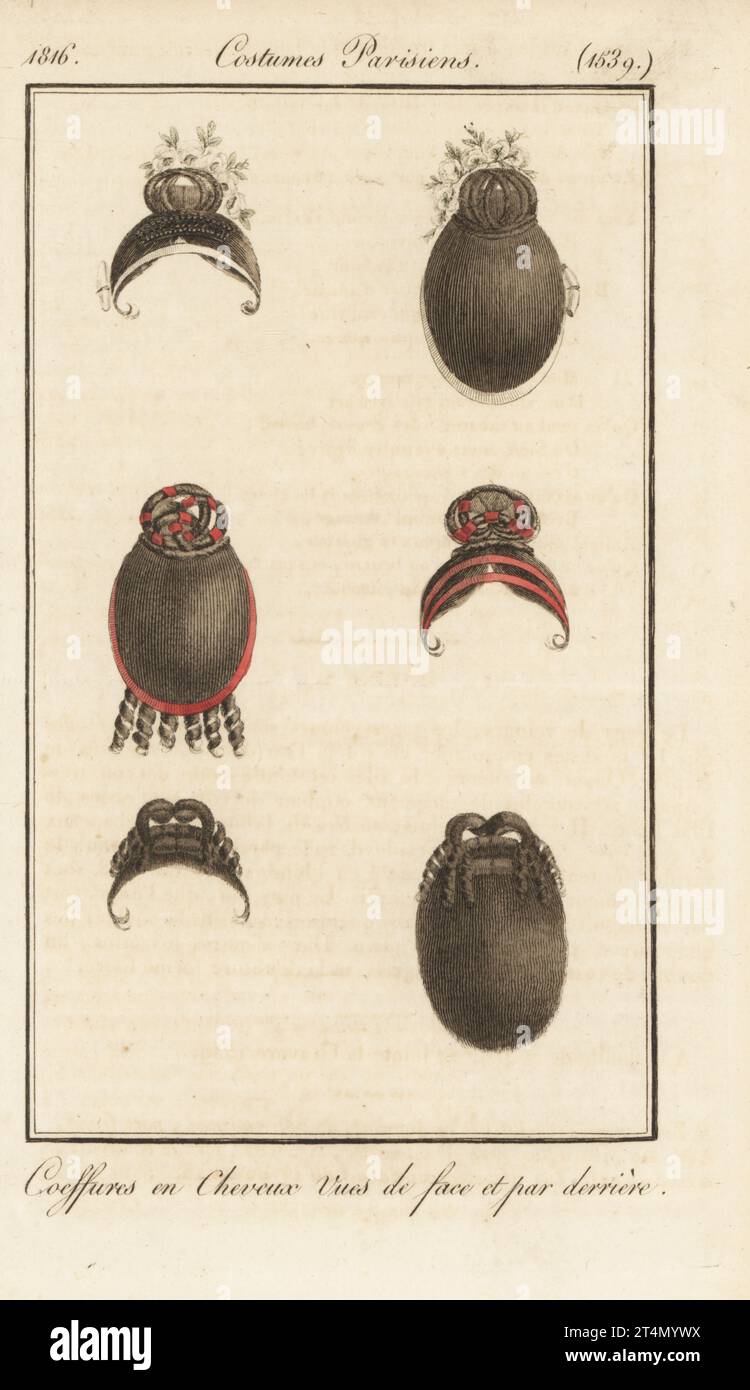 Variétés de coiffures pour femmes, de l'avant et de l'arrière. Coeffures en cheveux : vues de face et par derriere. Gravure sur cuivre coloriée à la main du Journal des Dames et des modes de Pierre de la Mesangere, Magazine des femmes et de la mode, Paris, 1816. Banque D'Images