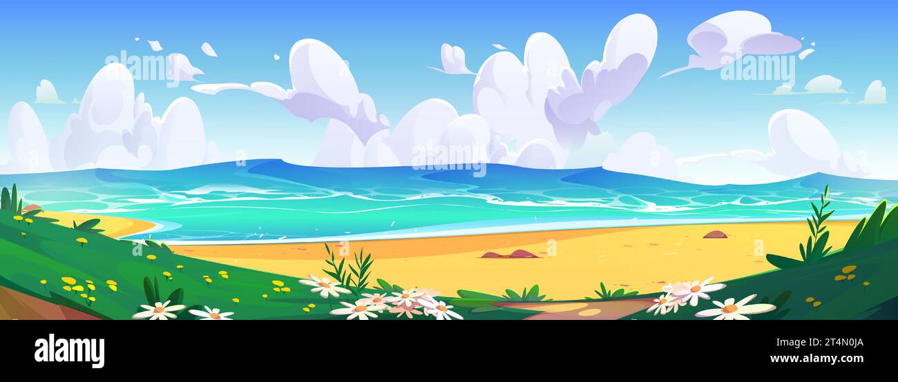 Plage de mer de sable de bande dessinée d'été et fond de vecteur de ciel bleu. Eau sur la côte côtière tropicale avec des fleurs et de l'herbe verte. Lagon des Caraïbes beau paysage paysage paysage panorama concept de bannière Illustration de Vecteur