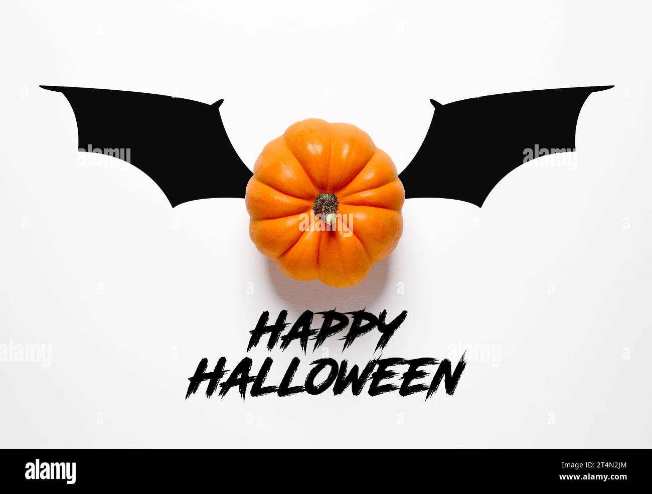 Concept de message de célébration d'Halloween. Citrouille d'automne de couleur orange sur fond blanc avec des ailes de chauve-souris avec le message joyeux Halloween. Banque D'Images