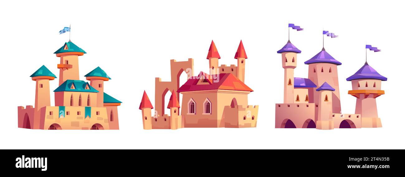 Château royal médiéval de conte de fées avec drapeaux sur les tours, les fenêtres et les portes. Ensemble d'illustration vectorielle de dessin animé d'anciens palais ou de l'architecture de forteresses avec des murs en pierre pour les rois, les reines et la princesse. Illustration de Vecteur