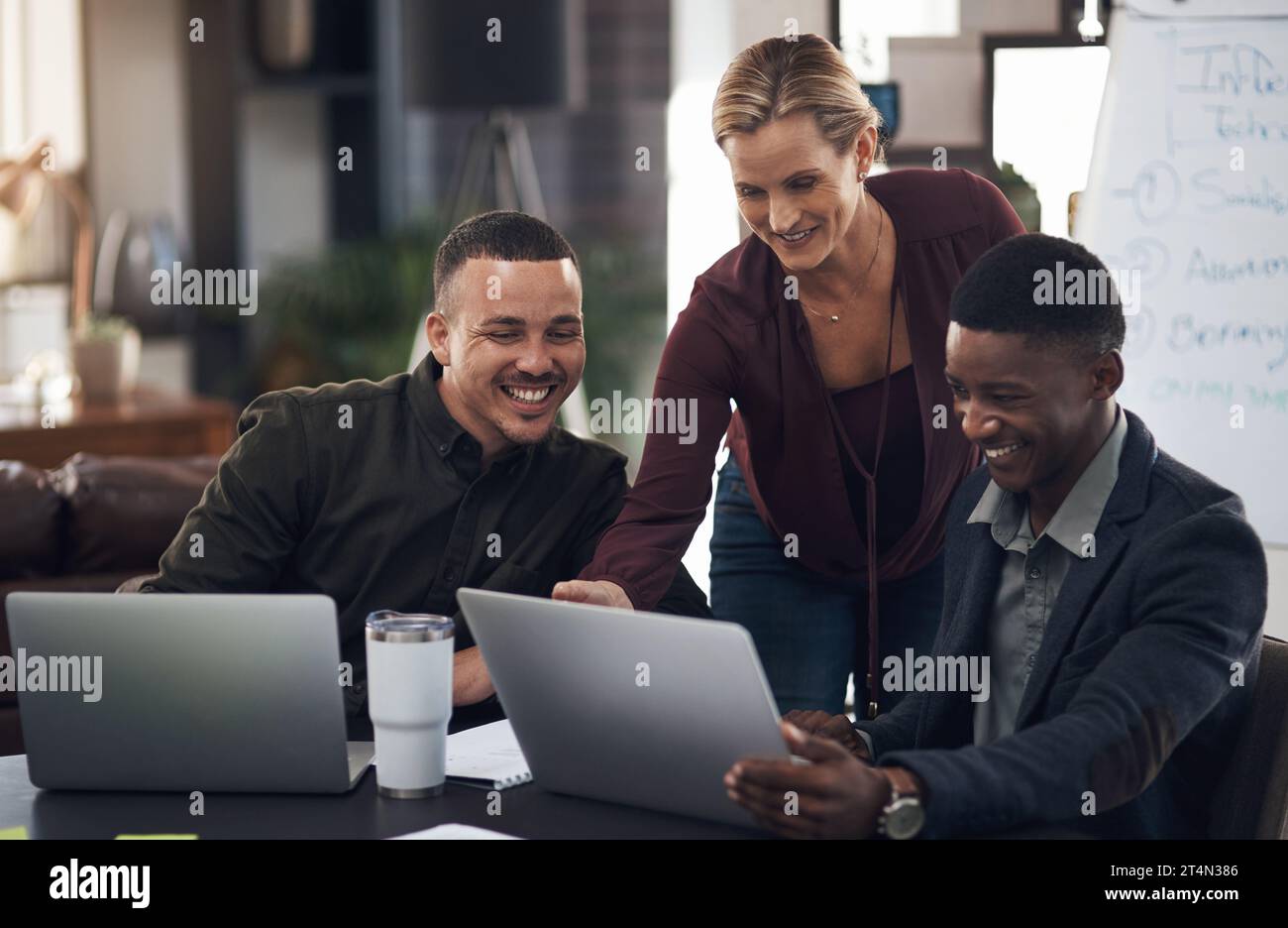 Perfectionner les petites touches à leur grand plan. un groupe d'hommes d'affaires travaillant ensemble sur un ordinateur portable dans un bureau. Banque D'Images