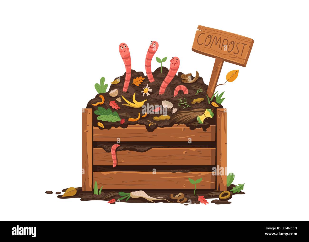 Dessins animés vers de terre drôles dans une boîte à compost en bois avec sol, affiche de déchets organiques vectoriels. Vers de terre en boîte de jardin de ferme avec terre de compost, déchets bio compostables et agriculture naturelle Illustration de Vecteur