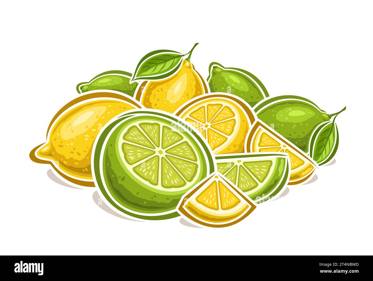 Logo vectoriel pour Lemon and Limes, affiche horizontale décorative avec dessin animé composition fruitée de nature morte de citron, impression de fruits avec de nombreux entiers et Illustration de Vecteur