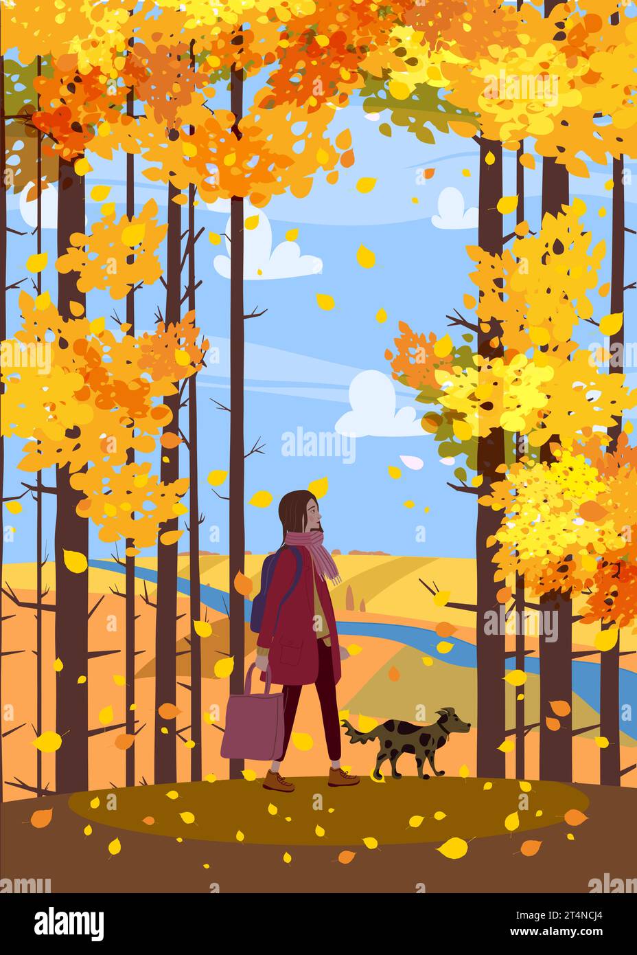 Poster Paysage d'automne. Femme en manteau d'automne promenant le chien Illustration de Vecteur