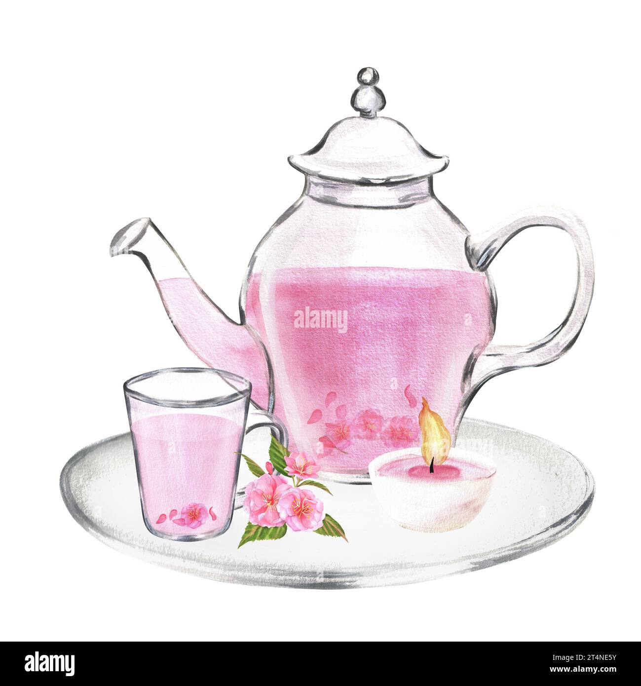 Illustration à l'aquarelle dessinée à la main. Théière en verre et tasse avec thé sakura sur le pâté de verre avec bougie à thé et fleurs de sakura Banque D'Images