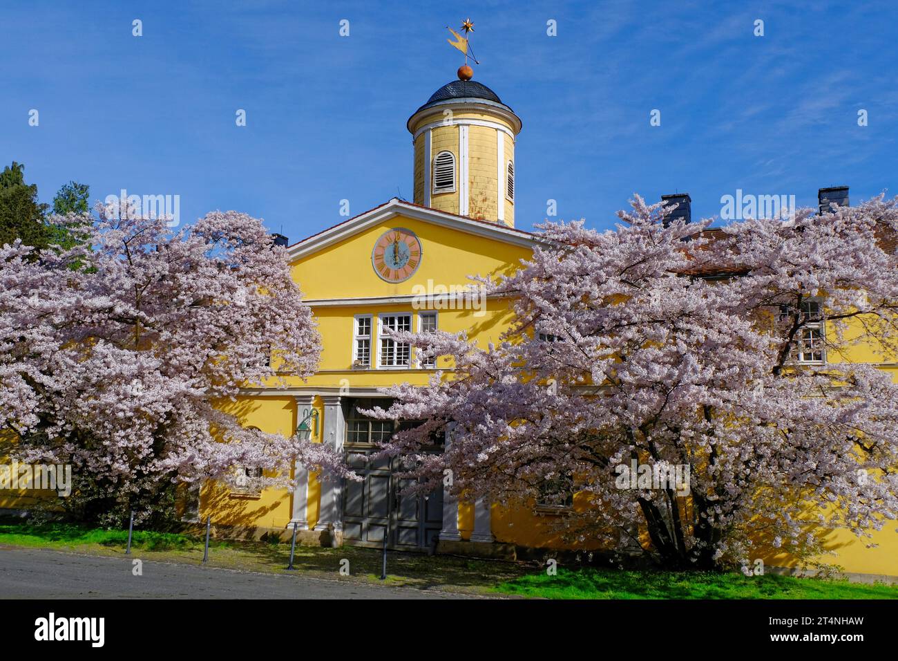 Marstall, Baumblueten, Uhr, Turm, Bergpark Wilhelmshoehe, Kassel, Hessen Banque D'Images