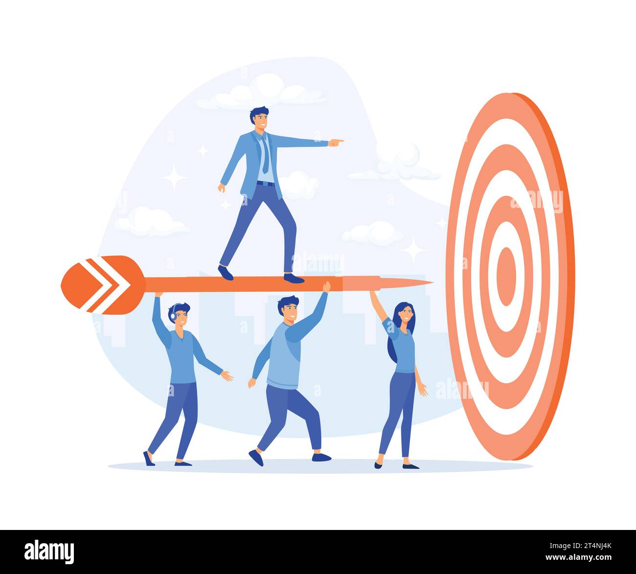Concept de réalisation des objectifs commerciaux. L'équipe de gens d'affaires porte Huge Arrow avec un homme d'affaires debout sur le dessus en courant à Huge Target. vecteur plat moderne il Illustration de Vecteur