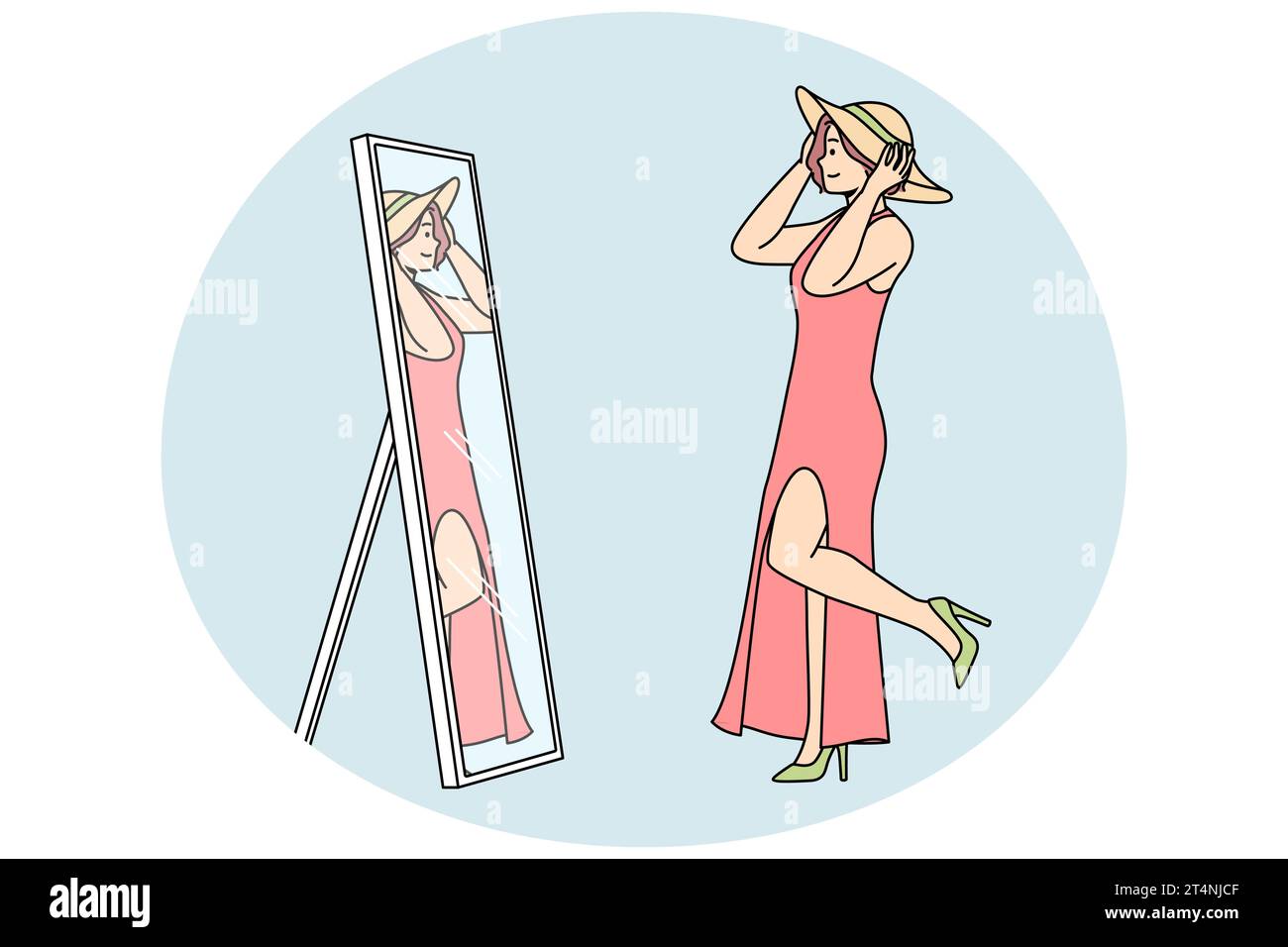 Jeune femme en robe, chaussures, essaie le chapeau devant le miroir. La fille choisit de chercher la marche d'été. Lady aime faire du shopping, rafraîchit sa garde-robe. Illustration vectorielle linéaire colorée isolée en bleu. Illustration de Vecteur