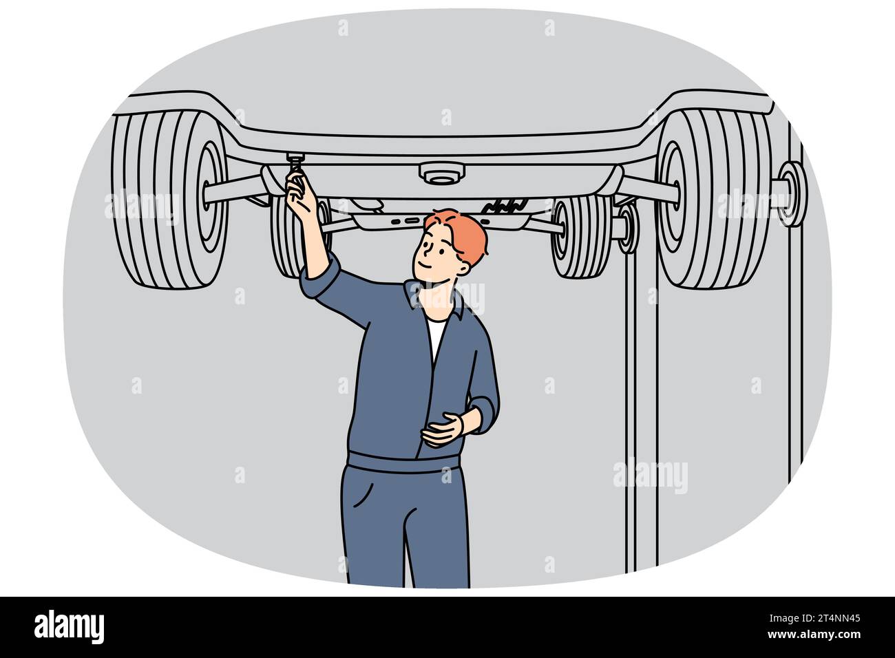 Mécanicien d'automobiles travaillant sous une voiture soulevée. Réparateur faisant la réparation, l'entretien sous auto dans le garage. Un technicien vérifie le véhicule. Changement de pneus par un employé. Illustration vectorielle linéaire colorée. Illustration de Vecteur