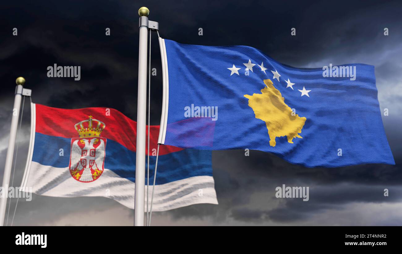 Drapeau du Kosovo et drapeau de la Serbie devant le ciel nuageux Banque D'Images