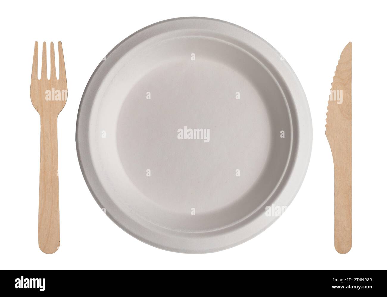 Set de table avec assiette en carton blanc avec couverts en bois à côté. Plaque jetable biodégradable, fourchette et couteau isolé sur blanc avec clip pa Banque D'Images