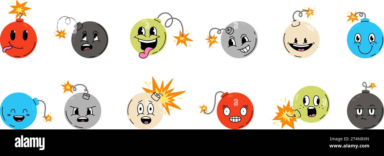 Des bombes émotionnelles drôles. Personnages de bombes expressives de dessin animé, mascottes d'armes mignonnes isolées. Modèle de stickers de médias, expressions clipart vectoriel serti Illustration de Vecteur