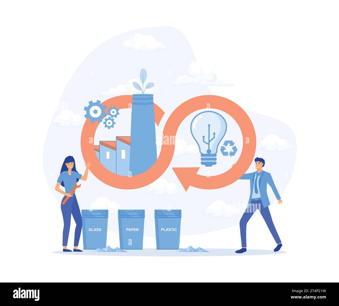 Économie circulaire, production d'énergie respectueuse de l'environnement, signe infini avec usine, cycle de développement de l'industrie avec recyclage des déchets, vecteur plat moderne illu Illustration de Vecteur