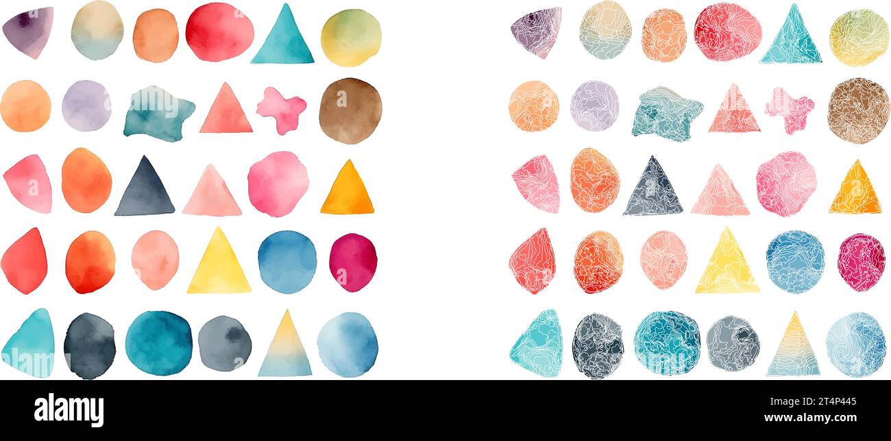 Ensemble d'aquarelle colorée peinte à la main des formes rondes, des taches, des cercles, des blobs isolés sur blanc Illustration de Vecteur