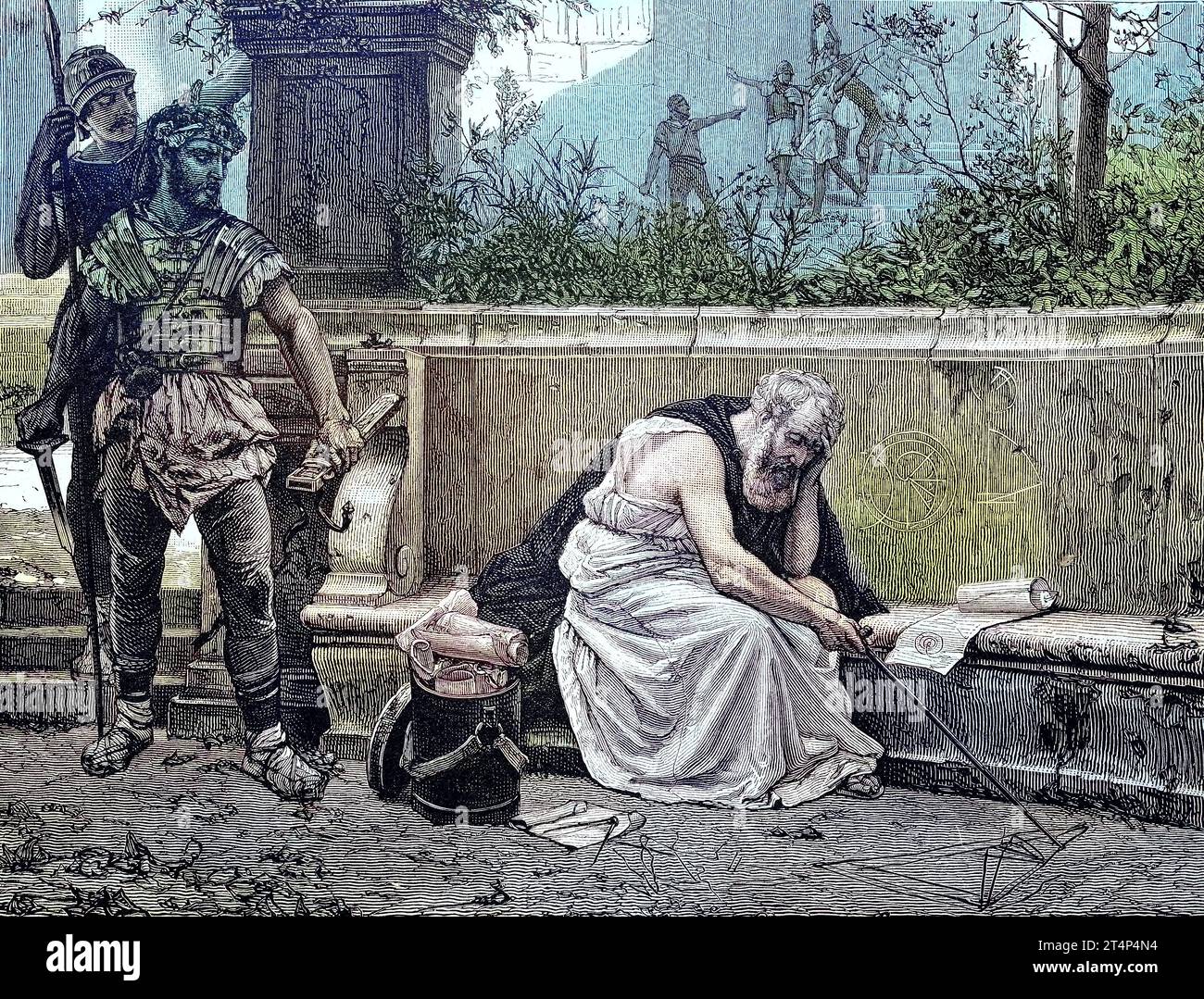 Archimedes von Syrakus, ca. 287 - env. 212 212 v. Chr., war ein griechischer Mathematiker, Physiker, Ingenieur, Erfinder und Astronom in der Antike, der letzte moment vor seinem Tod durch römische Soldaten, Griechenland, Reproduktion eines Bildes, Holzschnitt aus dem Jahr 1881, digitalrestauriert, historien / Archimedes, mathématicien grec, c. 287 - physicien de Syracuse c. inventeur, et astronome dans l'ancien, le dernier moment avant sa mort par des soldats romains, Grèce, reproduction d'une image, gravure sur bois de l'an 1881, numérique amélioré, historique Banque D'Images