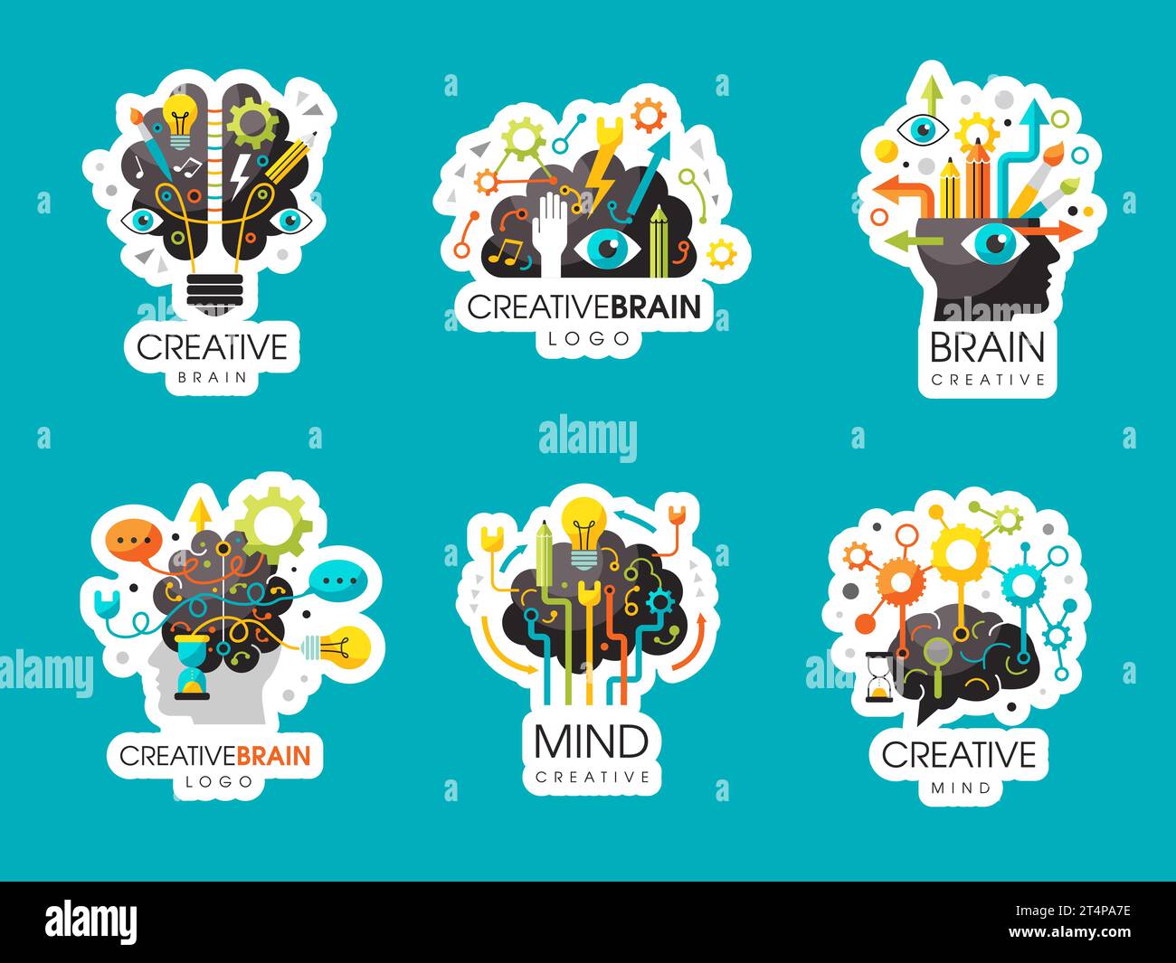 Cerveau créatif. Logotypes d'esprit avec visualisation des cerveaux images vectorielles récentes définies avec place pour le texte Illustration de Vecteur