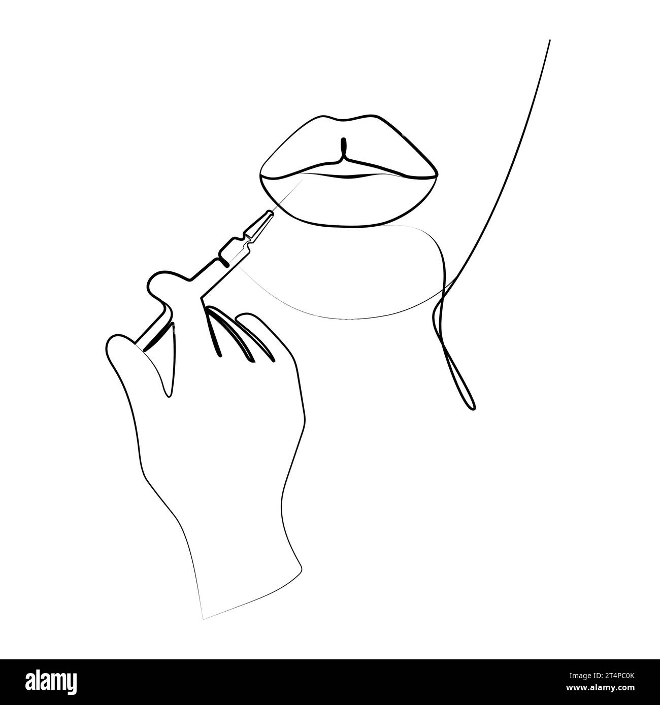 Injection de beauté dans le dessin au trait de conception d'emblème d'icône de logo de lèvres. Chirurgie plastique et esthétique. Seringue d'acide hyaluronique.augmentation des lèvres une ligne Illustration de Vecteur