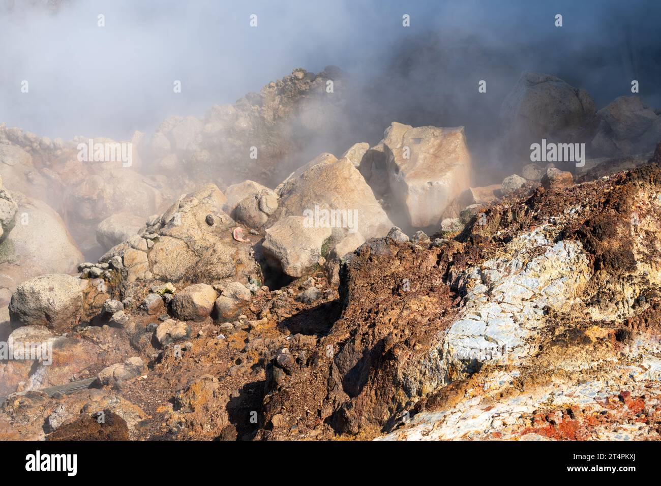 Gros plan de la zone géothermique des sources chaudes de Gunnuhver, qui fait partie du Géoparc mondial UNESCO de Reykjanes en Islande Banque D'Images