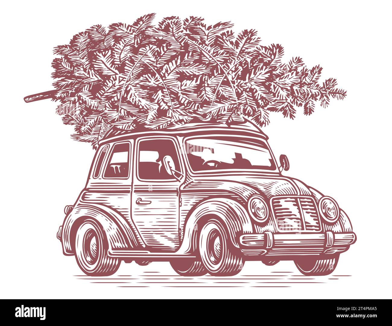 Voiture rétro avec arbre de Noël sur le dessus. Illustration vectorielle d'esquisse vintage Illustration de Vecteur