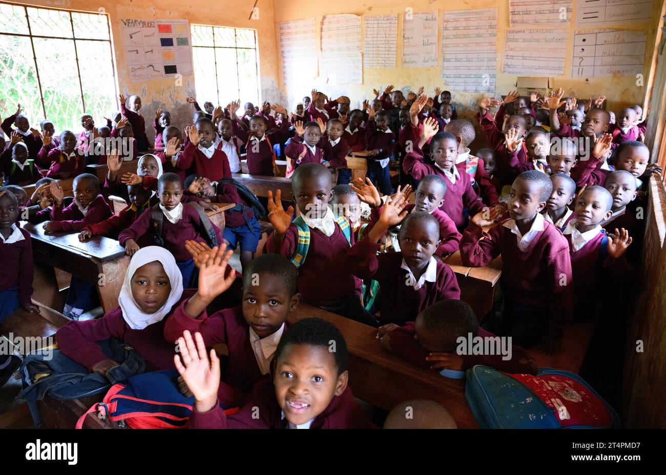 Songea, Tanzanie. 01 novembre 2023. Les élèves de l'école primaire Maji-Maji à Songea sont assis dans une salle de classe pendant la visite du président Steinmeier. Steinmeier a terminé son voyage en Tanzanie mercredi avec sa visite à Songea. Crédit : Bernd von Jutrczenka/dpa/Alamy Live News Banque D'Images
