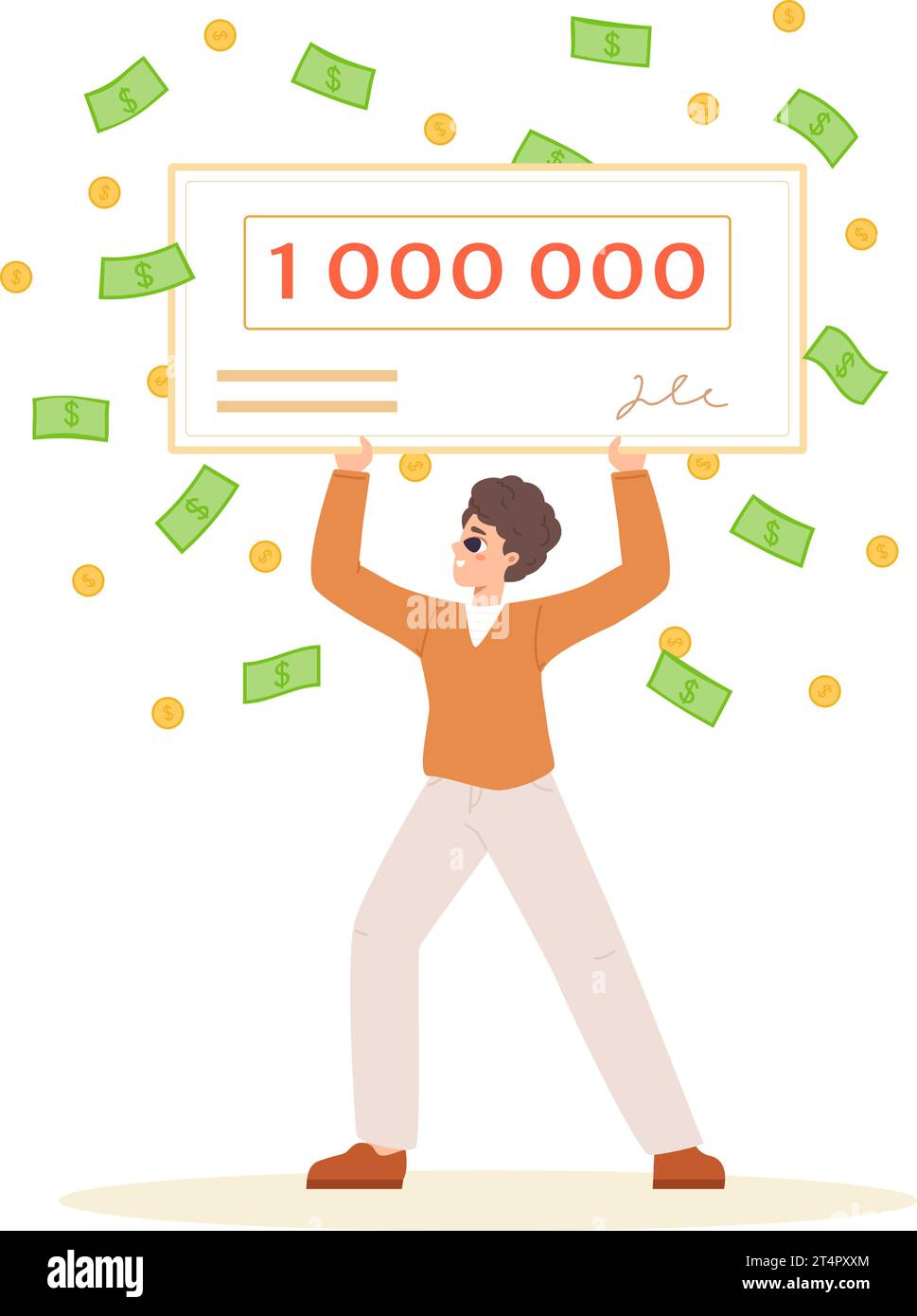 Gagnant à la loterie avec le prix de chèque d'argent. Heureux gars, homme chanceux gagner dans le jeu de jeu. Annonce, riche jeune mâle snogly caractère vecteur Illustration de Vecteur