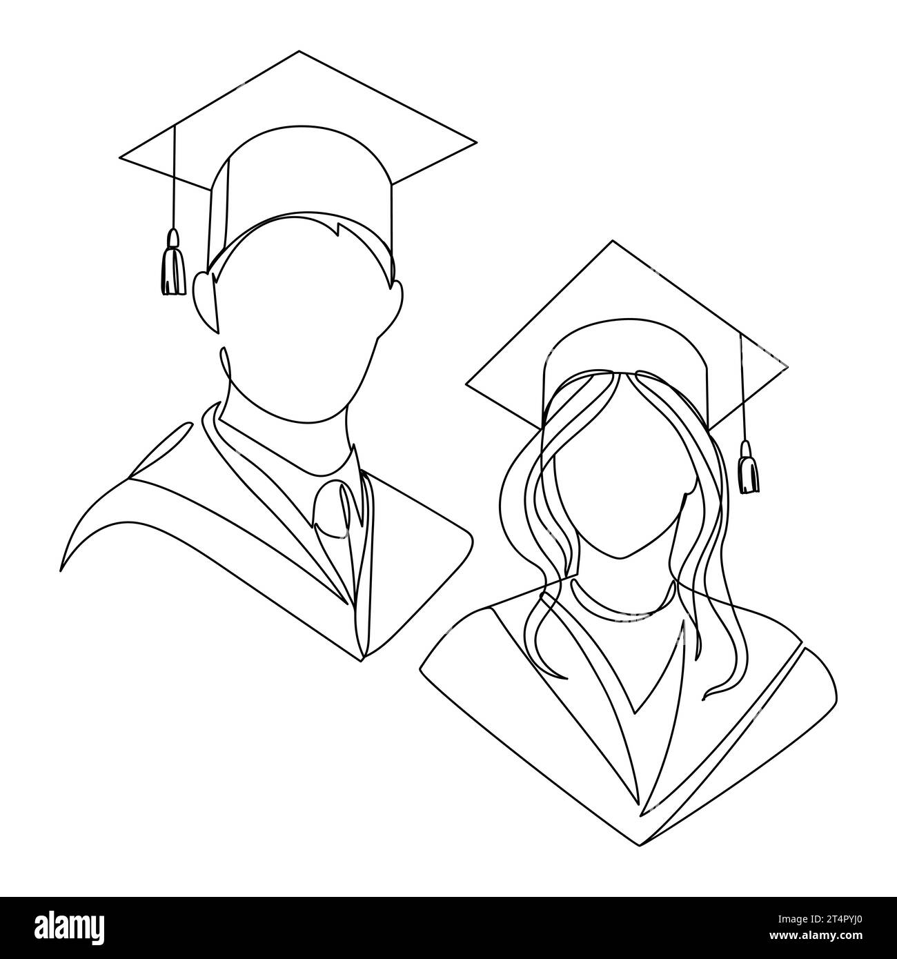 Les étudiants en art de ligne diplômés en casquettes académiques carrées dessinent des illustrations vectorielles. L'homme et la femme diplômés en lignes continues portraits abstraits Illustration de Vecteur