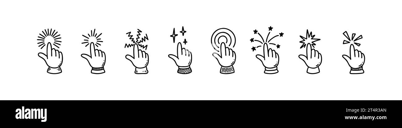 Doodle doigt cliquez sur l'icône définie. Pointeur à main dessiné à la main. Appuyez ici sur le bouton Tap. Illustration vectorielle d'esquisse Illustration de Vecteur