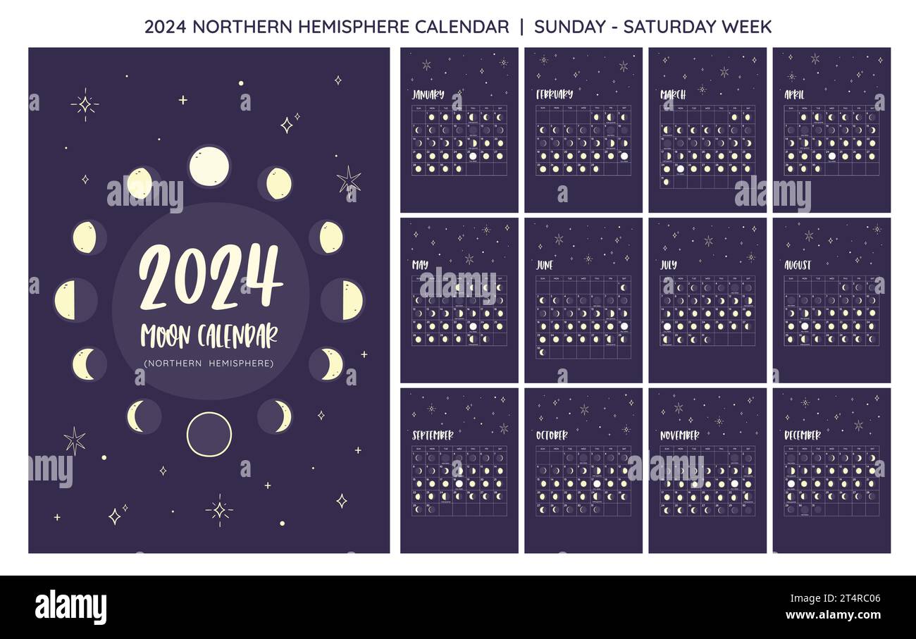 2024 Calendrier. Phases lunaires prévues à partir de l'hémisphère Nord. Un mois par feuille. La semaine commence le dimanche. Vecteur EPS. Aucun texte modifiable. Illustration de Vecteur