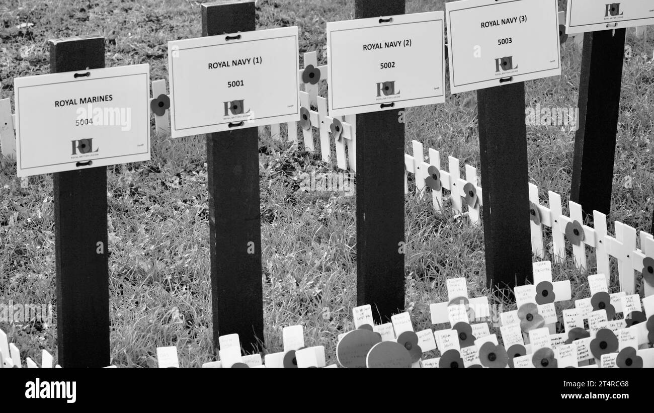 Le champ du souvenir du château de Cardiff marque la perte de vies humaines dans les guerres mondiales et autres conflits. Quelques petites croix avec des coquelicots rouges ont des messages et des photos Banque D'Images