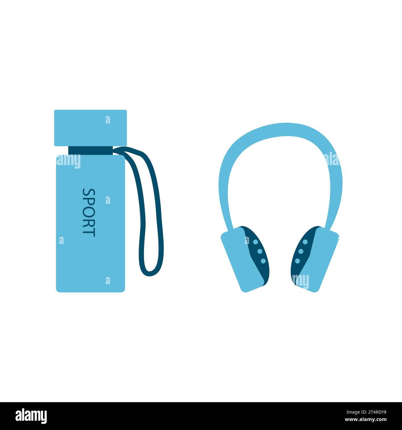 Une bouteille d'eau et des écouteurs. Divers équipements sportifs. Appareils de fitness, accessoires de yoga et de gym. Le concept d'un mode de vie sain Illustration de Vecteur