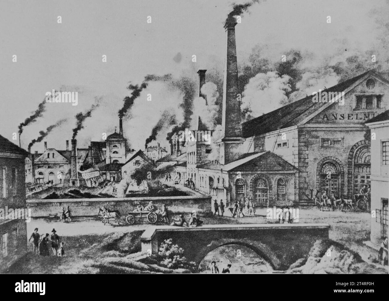 Paysage industriel anglais typique, 19e siècle. La fumée dense sortant des cheminées d'usine pollue l'air. Auteur inconnu. Banque D'Images